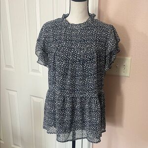 Chic Navy Blue Patterned Women's Blouse